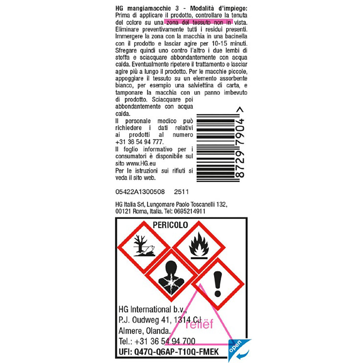 Détachant HG n° 3 : élimine les taches de cire, de résine et de goudron. 50 ml