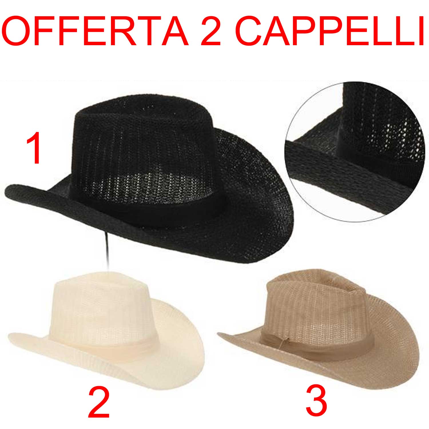 OFFERTA 2 PZ CAPPELLO UOMO COWBOY 38X35 CM COLORI ASSORTITI
