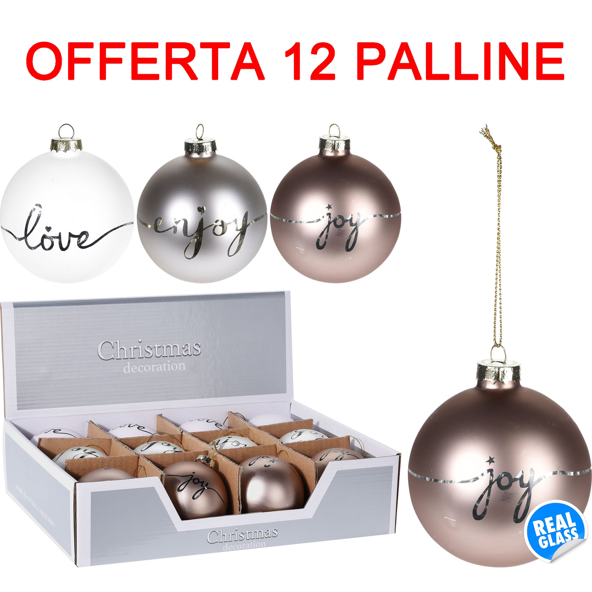 OFFERTA 12 PALLINE DI NATALE 8CM CON SCRITTA ASSORTITA IN VETRO