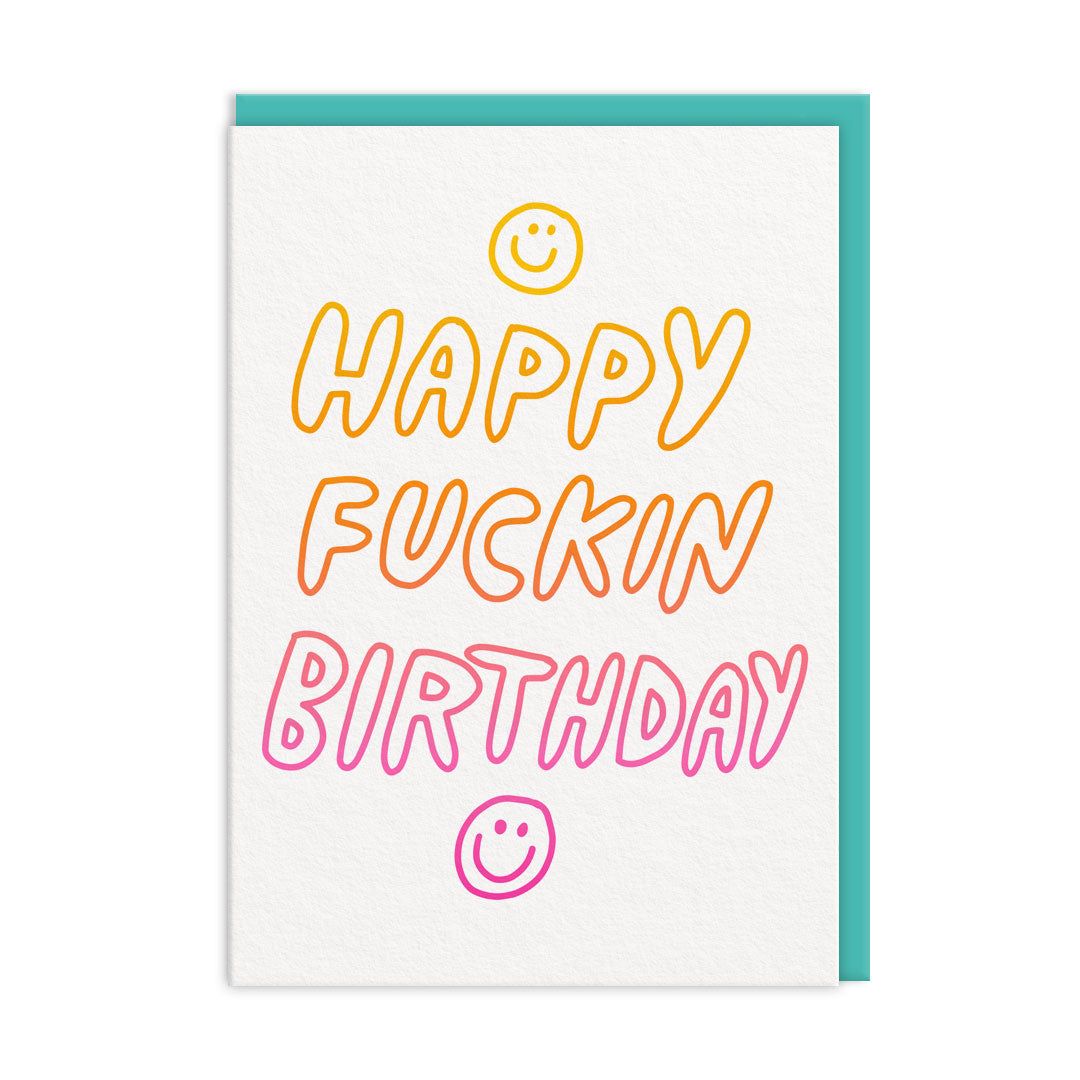 Ohh Deer Biglietto di auguri "Happy Fuckin Birthday" A6, aqua/bianco
