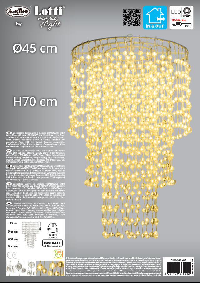 LAMPADARIO CASCATA D.45XH70CM 936 SFERE LED BIANCO CALDO
