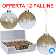 OFFERTA 12 PALLINE DI NATALE 8CM IN VETRO CON GLITTER ORO ASSORTITA