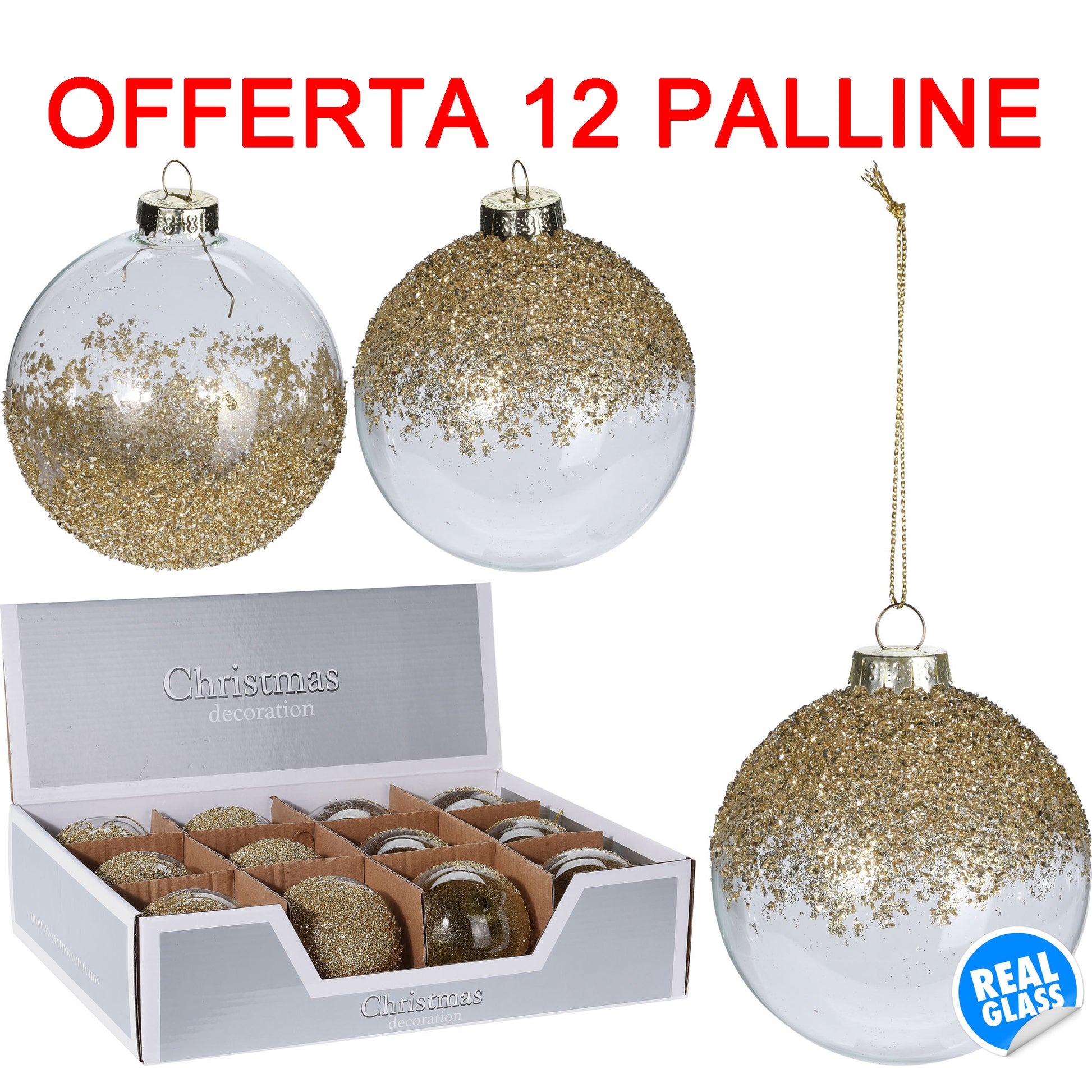 OFFERTA 12 PALLINE DI NATALE 8CM IN VETRO CON GLITTER ORO ASSORTITA