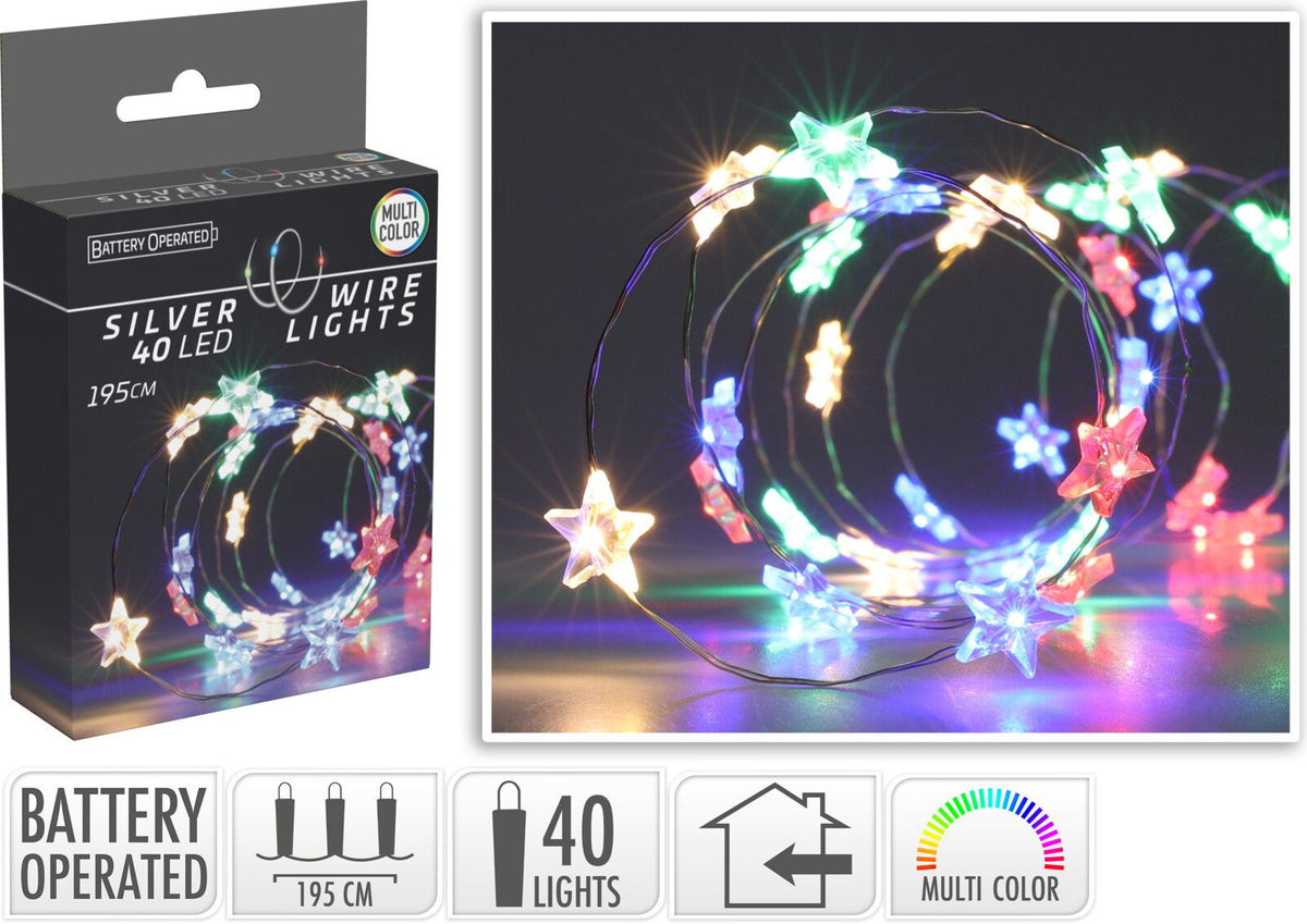 Stringa luminosa a batteria con 40 LED a forma di stelle, multicolore