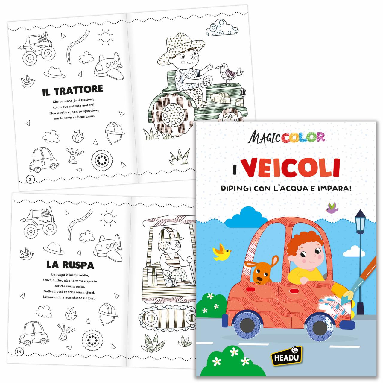 Albo Illustrato Dipingi con l'Acqua I Veicoli 24 pagine Headu