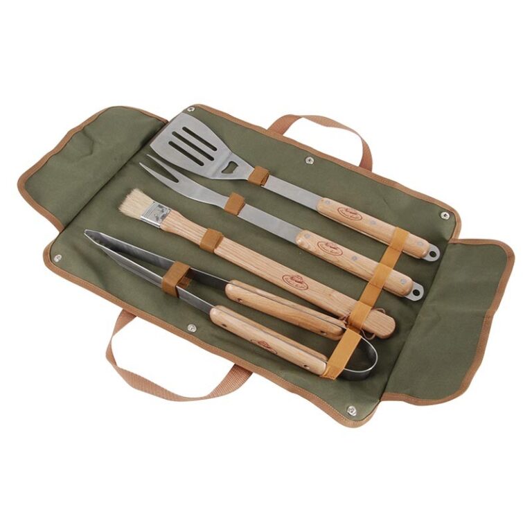 Set Utensili Barbecue in Borsa (4 pz) Legno e Verde Oliva