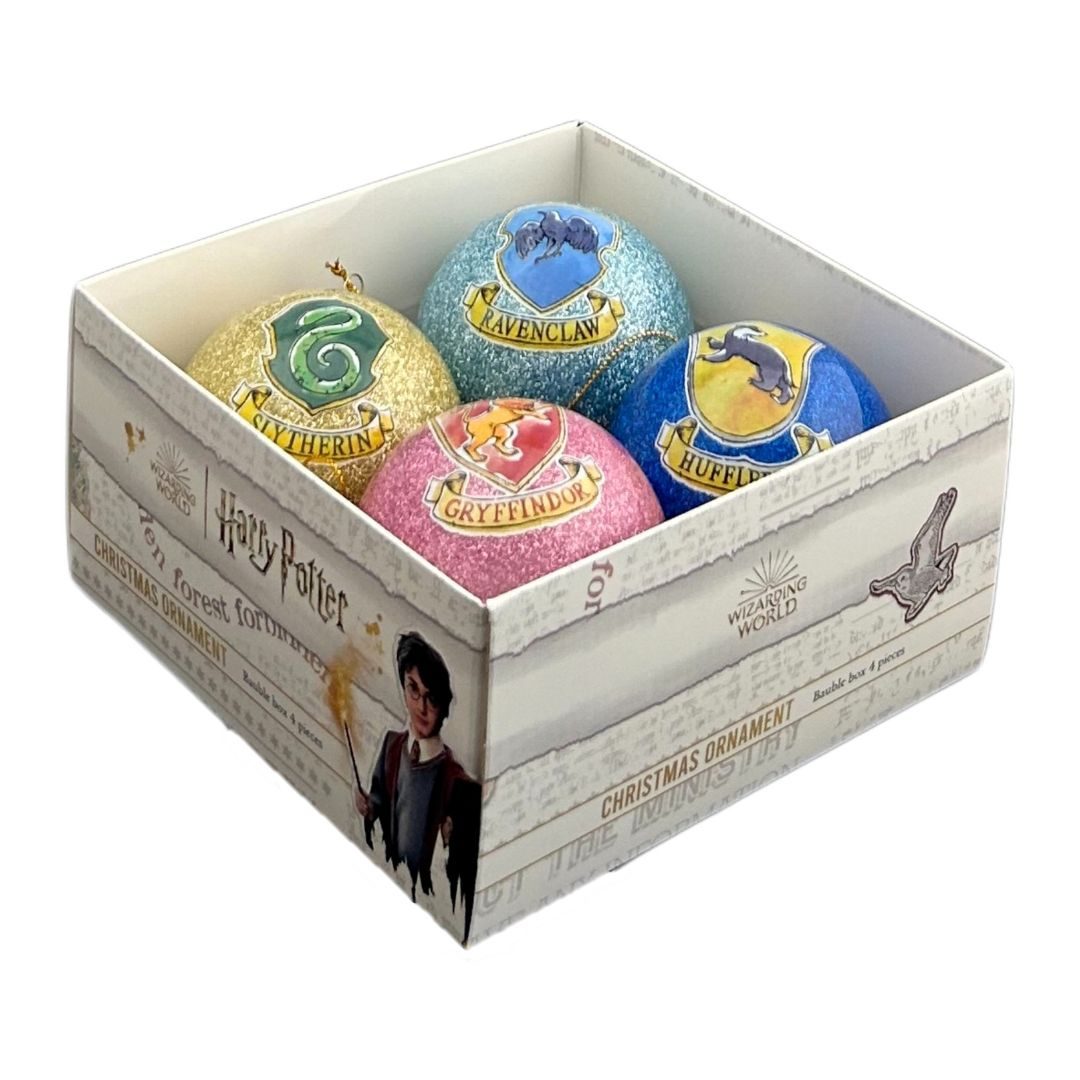 Confezione di 4 Palline di Natale Glitterate Case Hogwarts Harry Potter