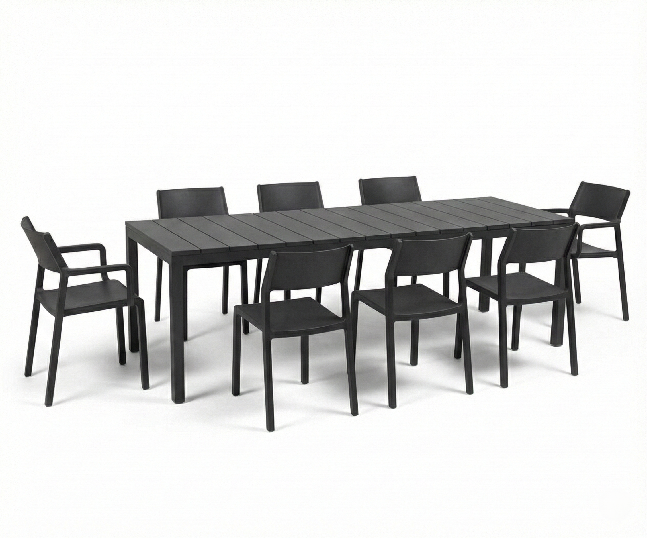 OFFRE : TABLE EXTENSIBLE RIO 210/280CM ANTHRACITE + 6 CHAISES + 2 FAUTEUILS TRILL