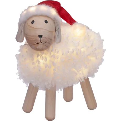 LED-Schaf aus Holz mit Weihnachtsmütze 19x25cm Weiß und Rot Lotti