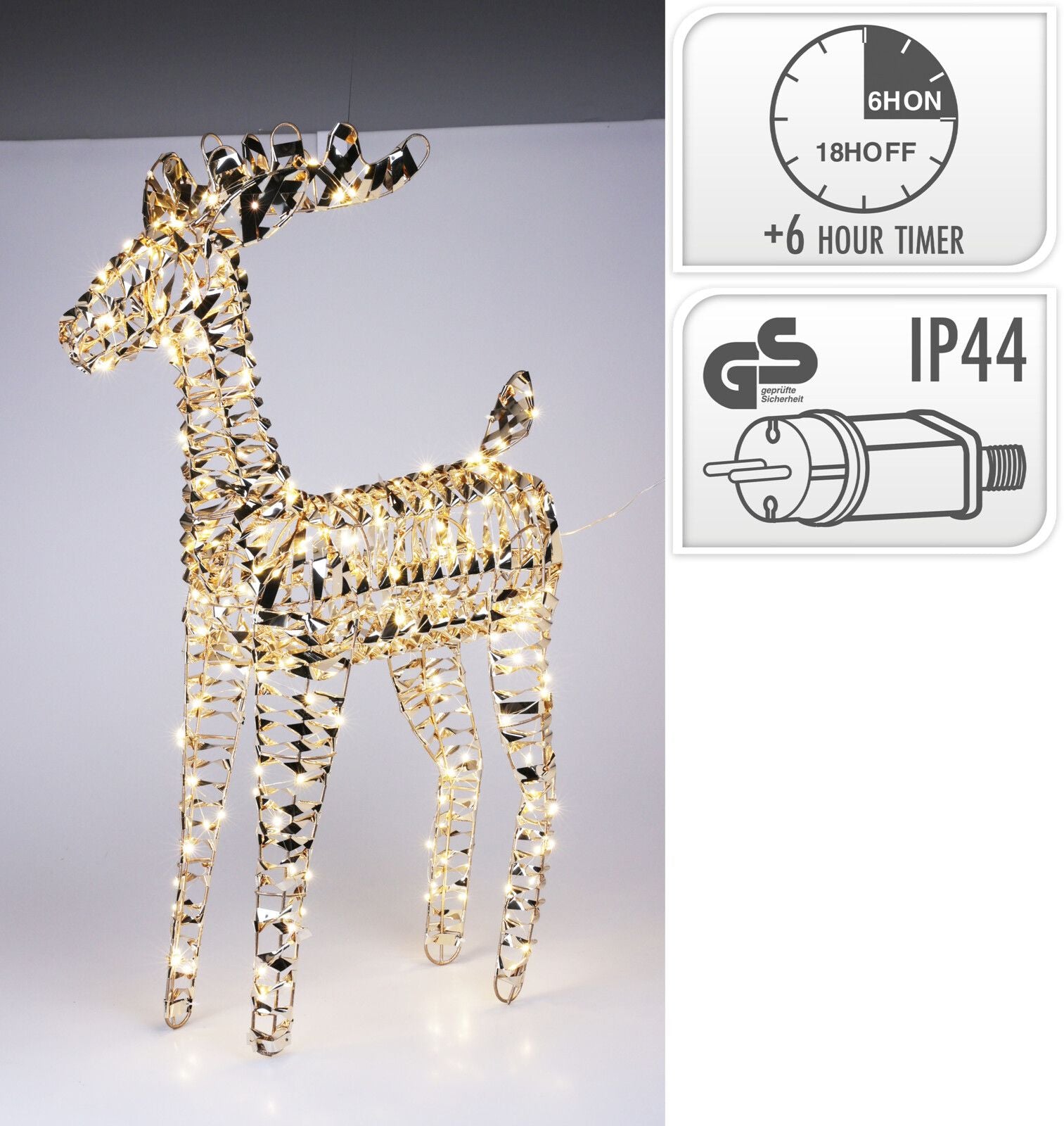 Renna decorativa a LED, 200 LED, 80 cm, colore oro, luce bianco caldo