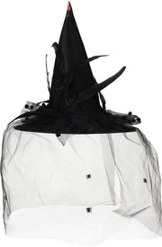 CAPPELLO STREGA DI HALLOWEEN CON PIUME E VELO CON RAGNI 38X36CM