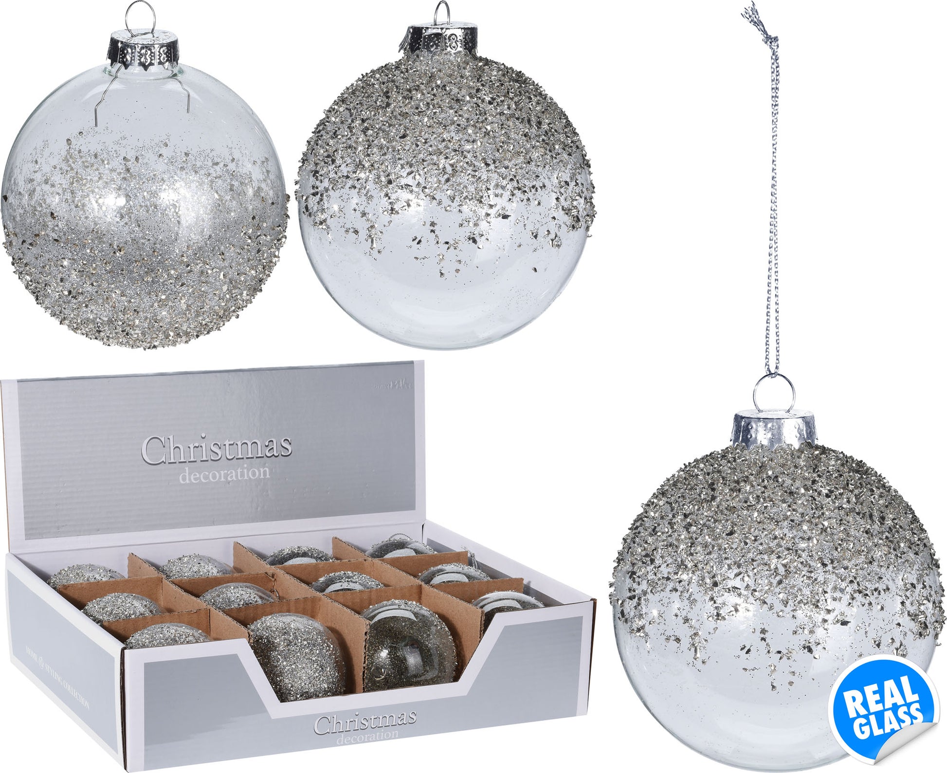 OFFERTA 12 PALLINE DI NATALE 8CM IN VETRO CON GLITTER ARGENTO ASSORTITA