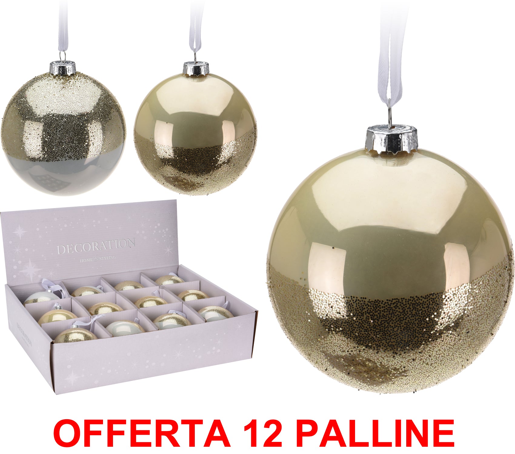 OFFERTA 12 PALLINE DI NATALE 8 CM IN VETRO BIANCO/ORO ASSORTITE