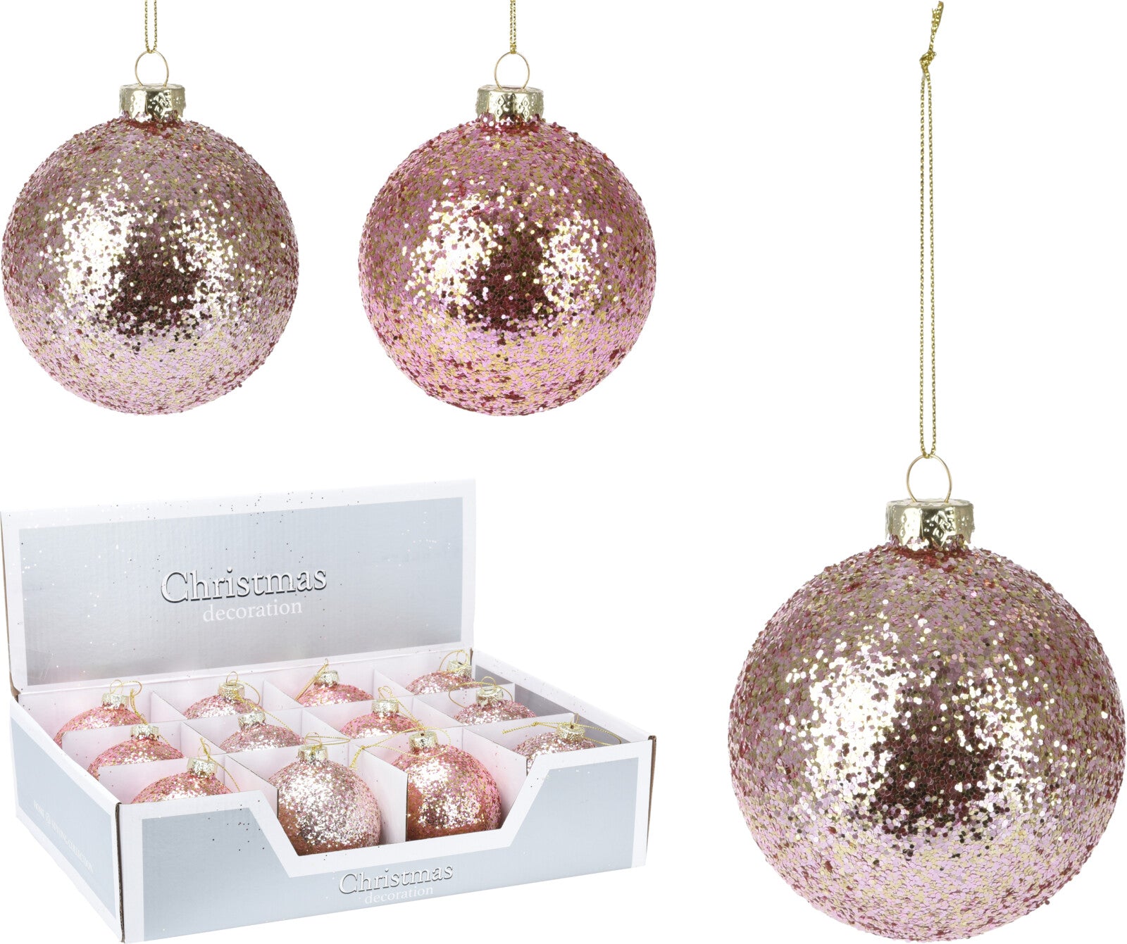 OFFERTA 12 PALLINE CON GLITTER PERLINE ROSA 8CM ASSORTITE