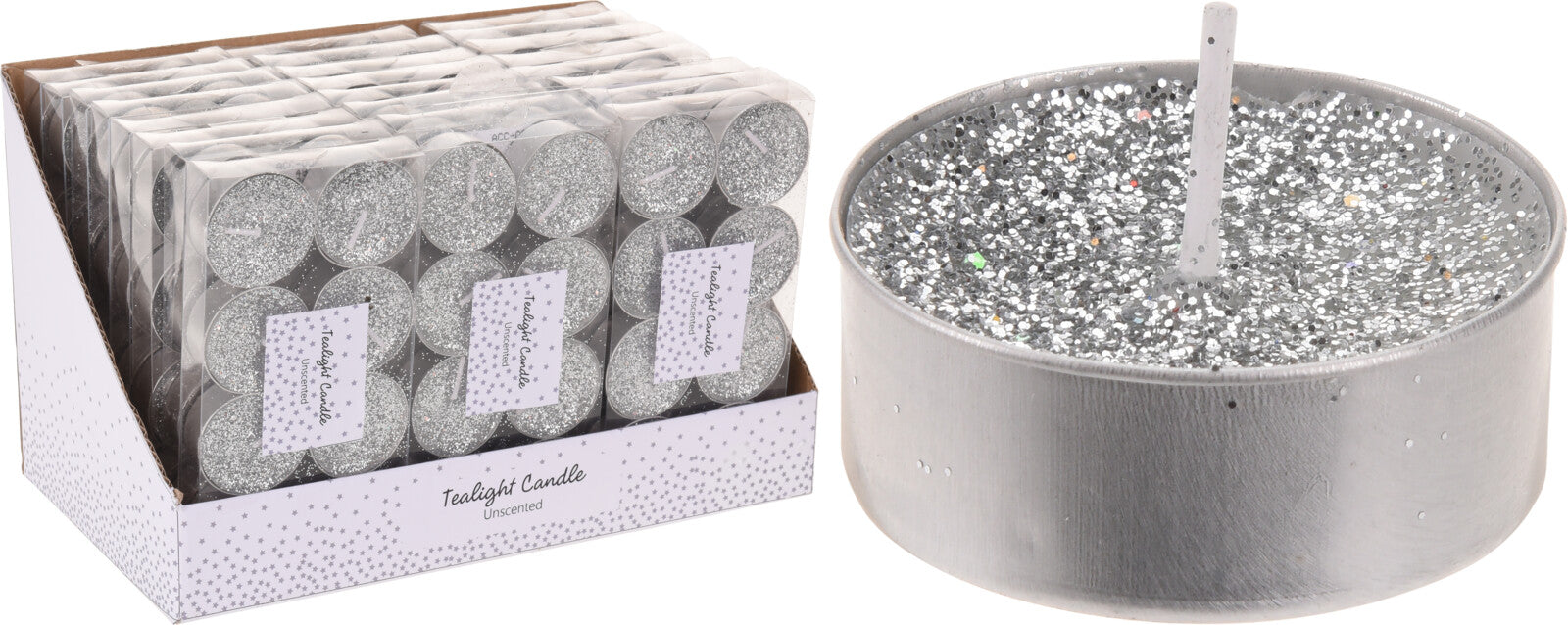8 T-LIGHT GLITTER ARGENTO 3CM