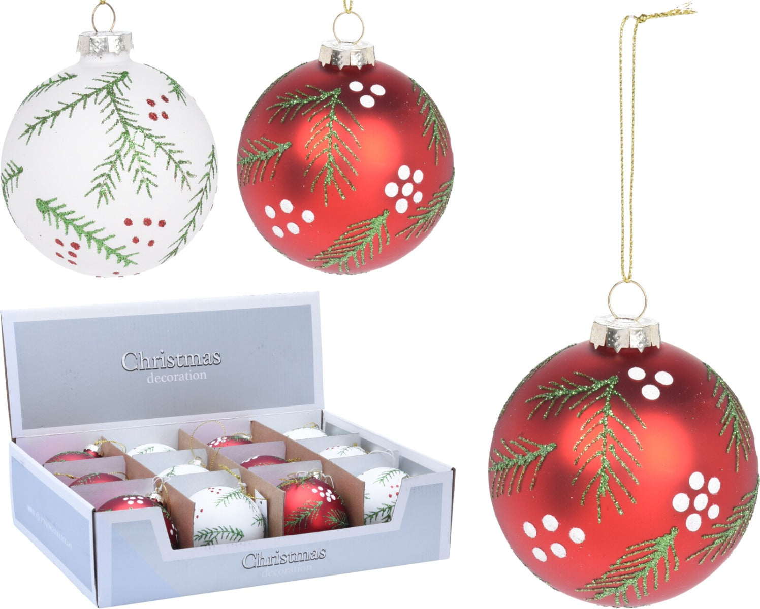 OFFERTA 12 PALLINE 8CM BIANCO/ROSSO CON AGRIFOGLIO ASSORTITE