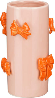 Mica Decorations Vaso cilindrico con fiocchi in rilievo D 14 x H 22,5 cm, rosa/arancione