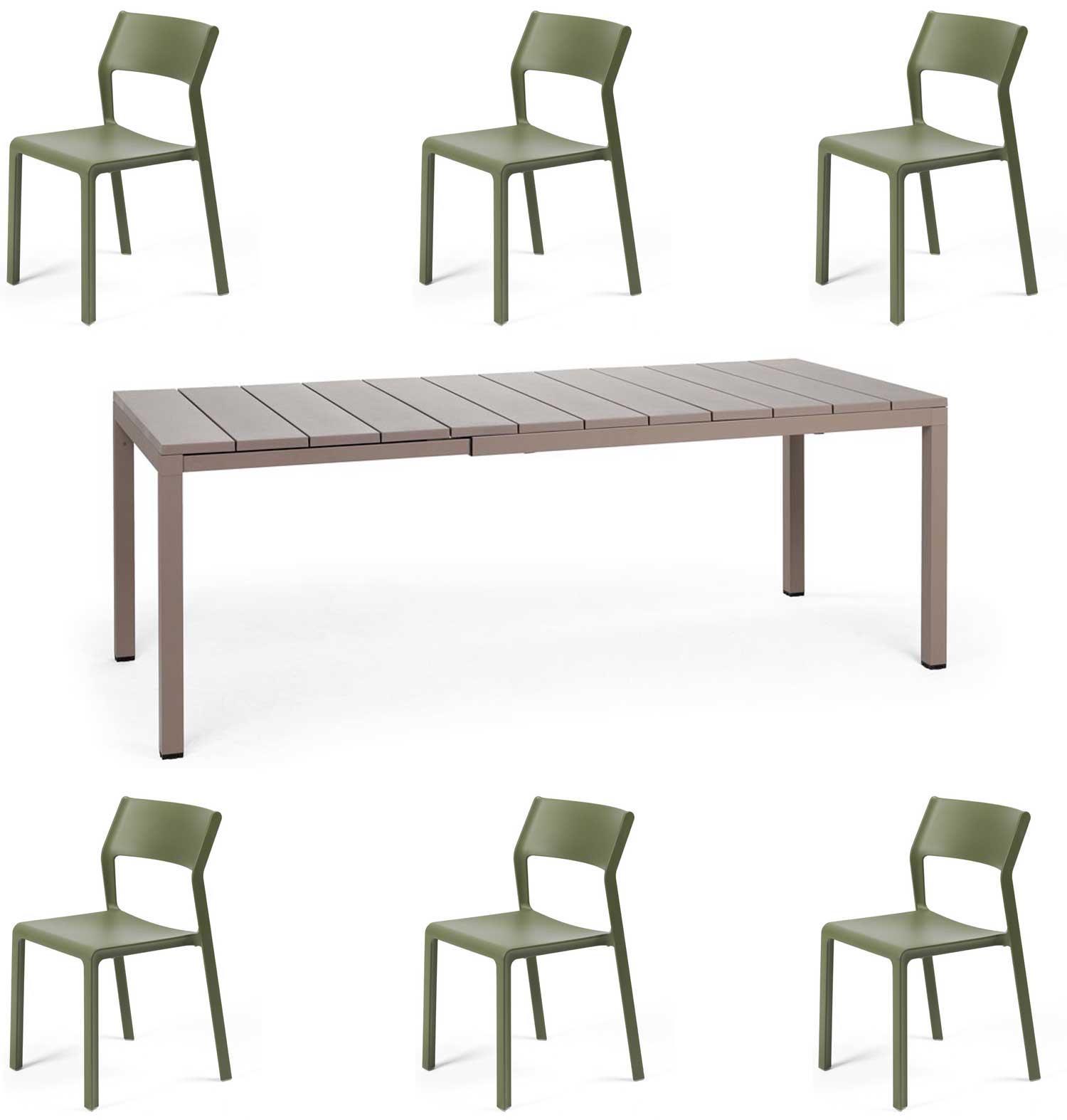 OFFERTA TAVOLO RIO 140/210 CON 6 SEDIE TRILL BISTROT TORTORA/AGAVE
