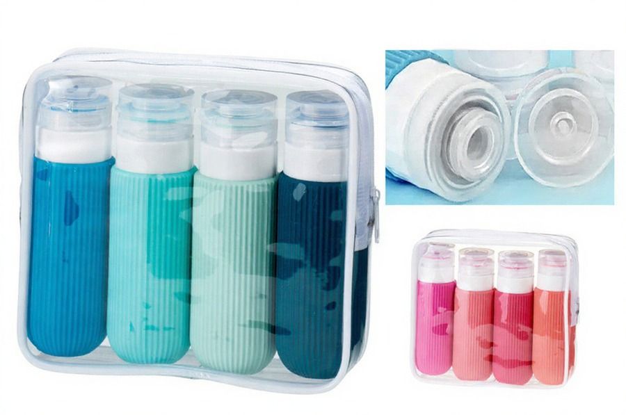 Set da viaggio con flaconi in silicone e pochette, 90 ml x 4, colori assortiti (5 pezzi)