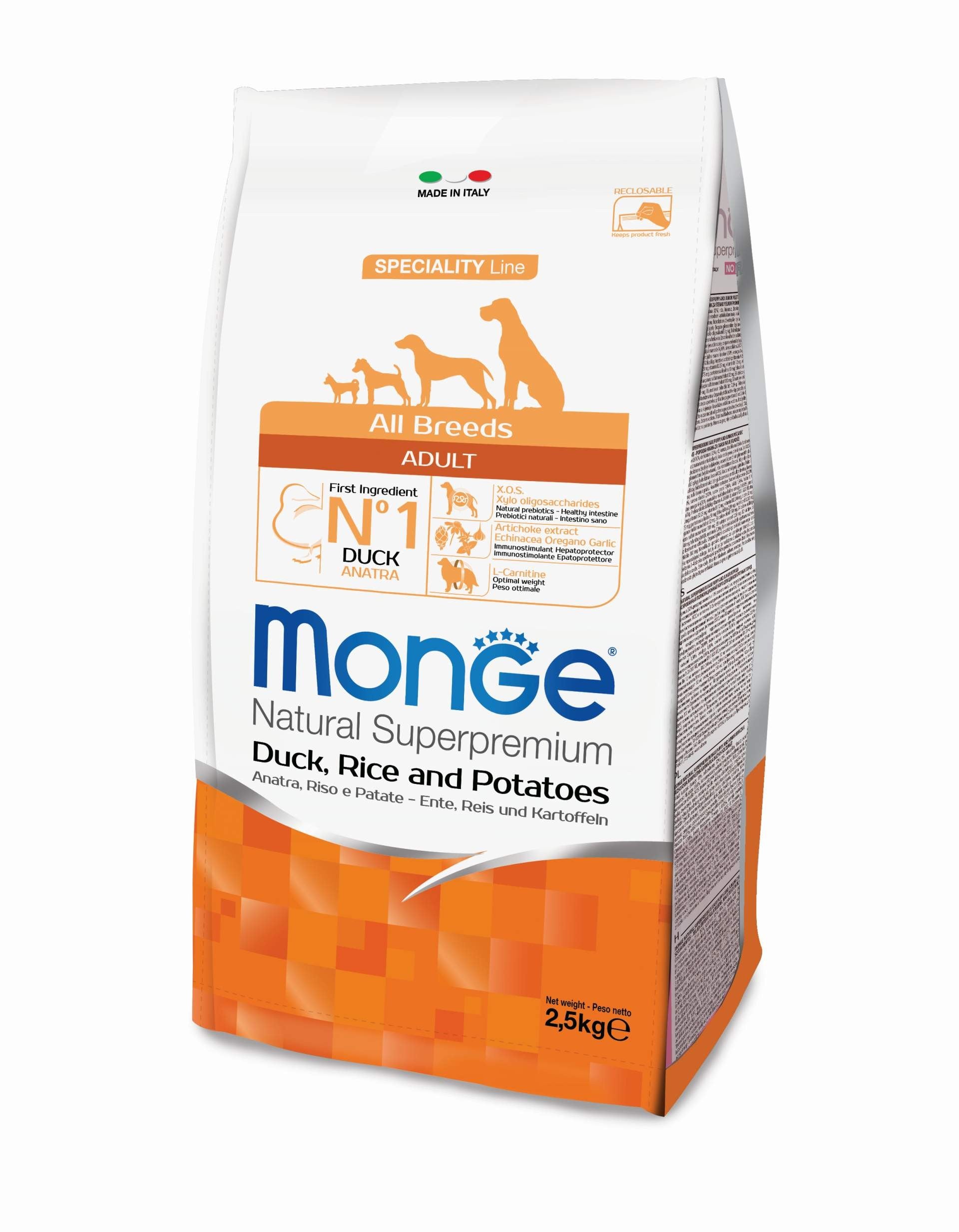 MONGE CIBO SECCO CANE CROCCANTINI CON ANATRA RISO E PATATE 2,5 KG