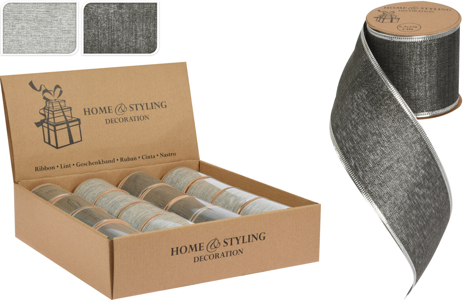 NASTRO GLITTER ARGENTO/GRIGIO PER PACCHI REGALO 6X270CM ASSORTITO