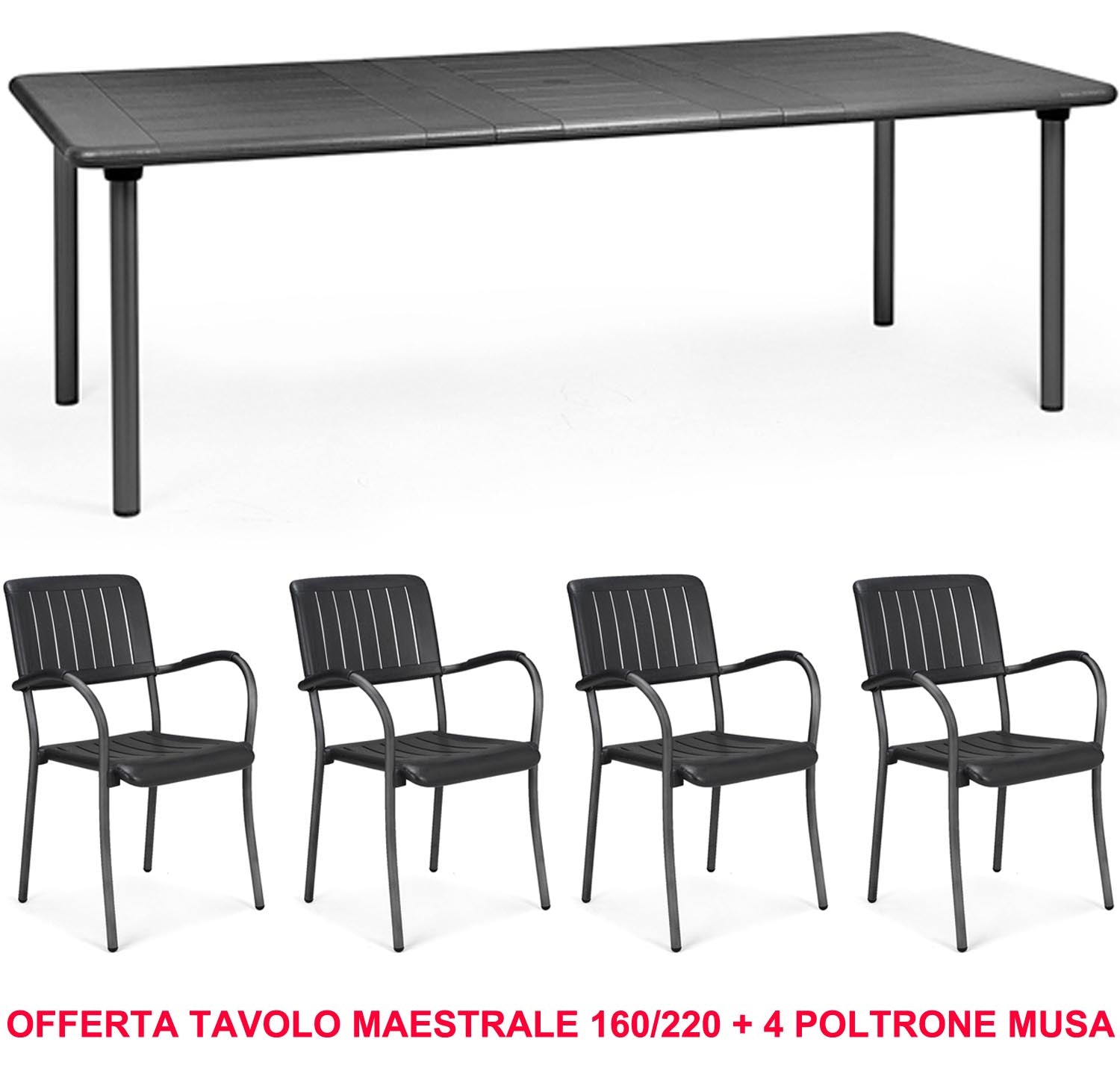OFFRE TABLE MAESTRALE EXTENSIBLE 160/220CM + 4 FAUTEUILS MUSA COULEUR AU CHOIX