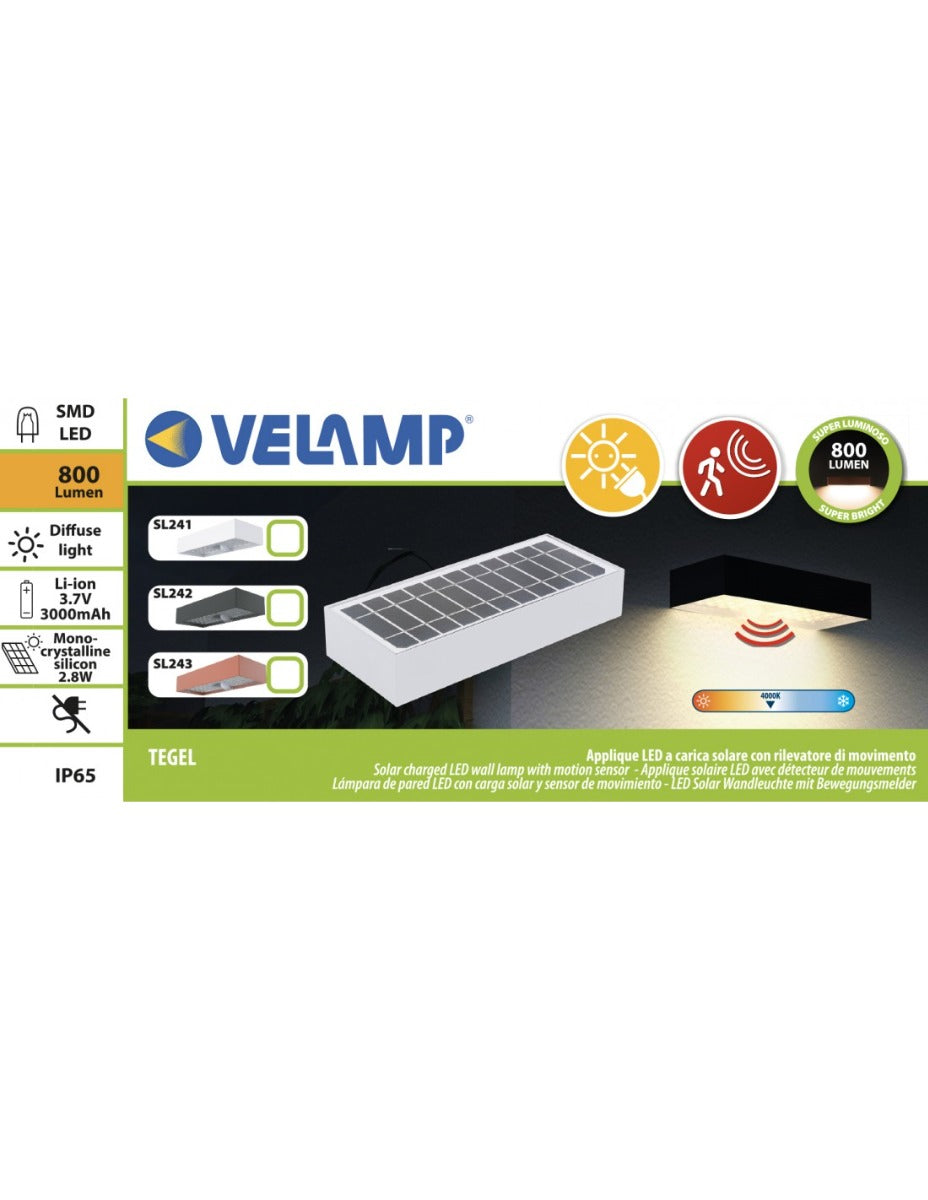 APPLIQUE LED A CARICA SOLARE 800 LUMEN, CON RILEVATORE DI MOVIMENTO. NERO