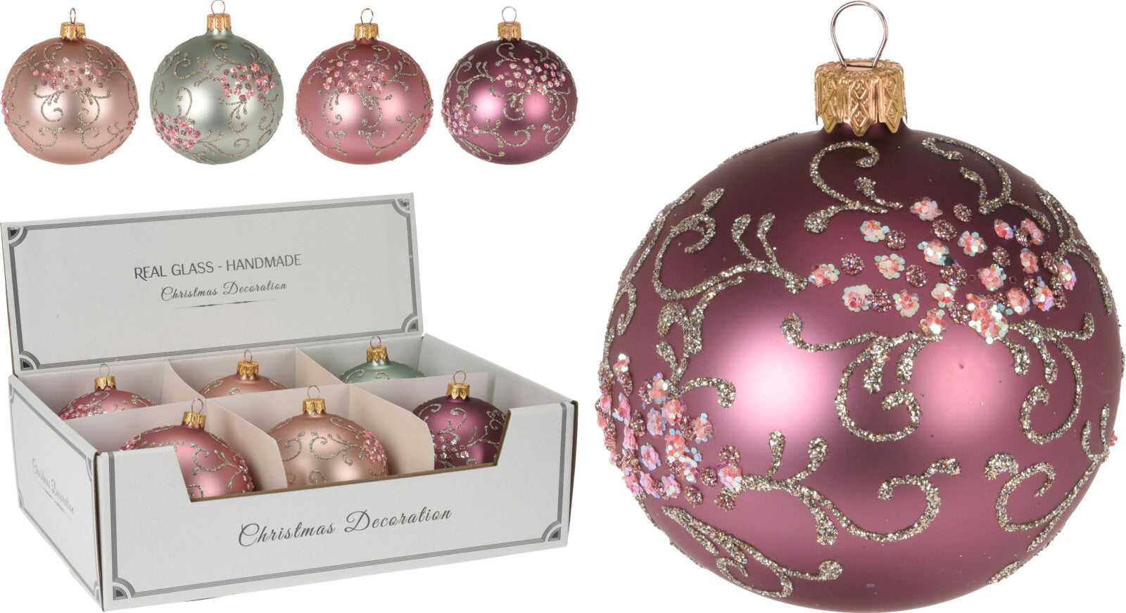 PALLINA DI VETRO DECORATA GLITTER CON FIORI 10CM ASSORTITA