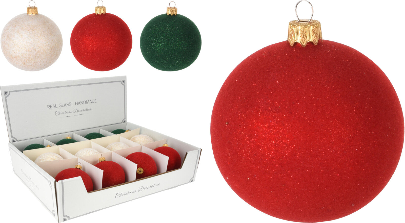 OFFERTA 6 PALLINE IN VETRO FLOCCATO 8CM COLORI ASSORTITI