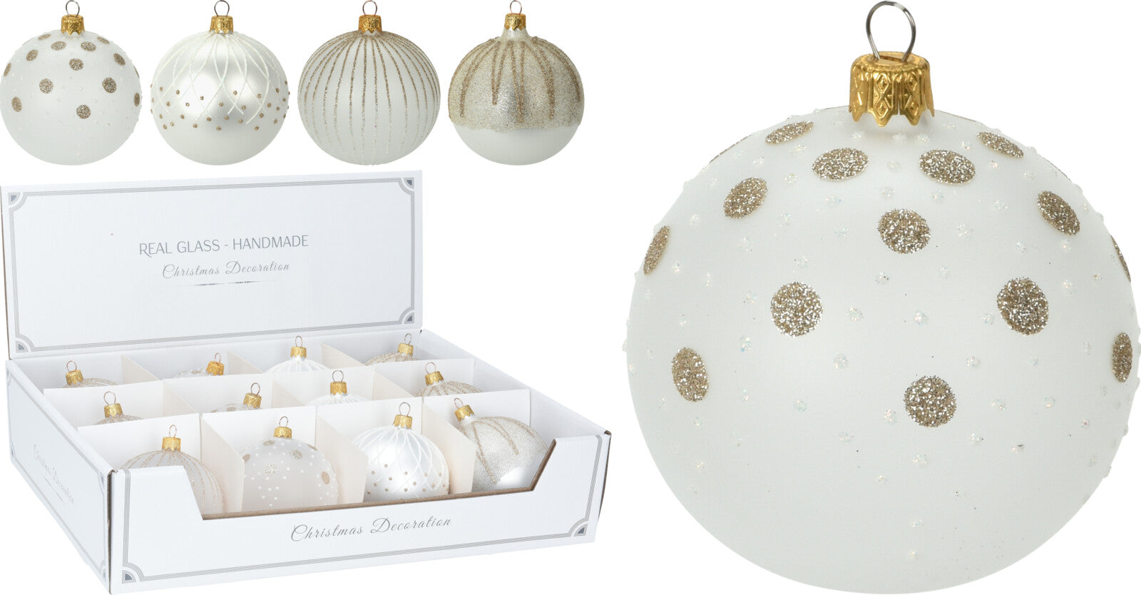 PALLINA BIANCA GLITTER DECORATA 8CM ASSORTITA