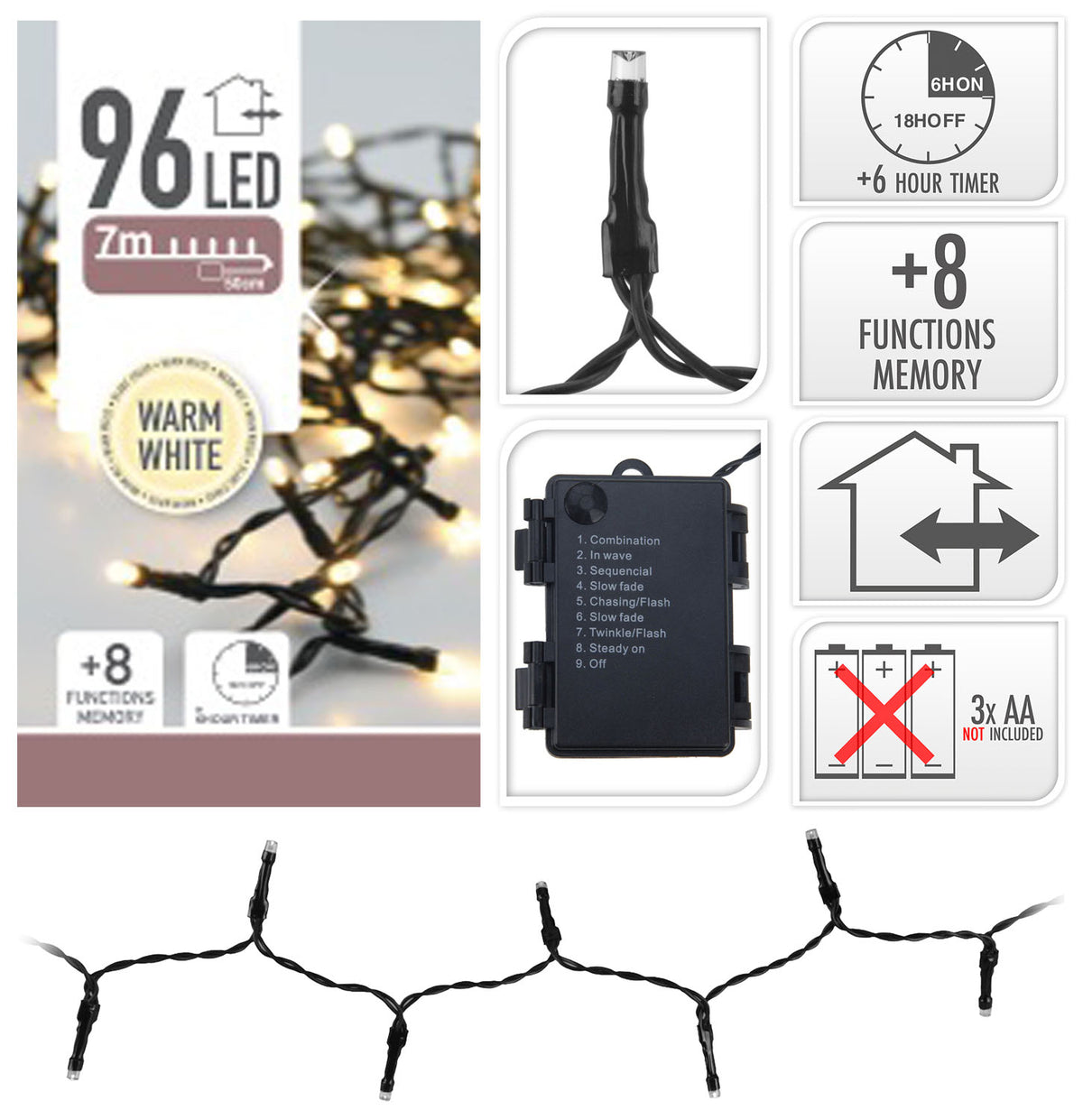 LUCI DI NATALE 96 LED COLORE BIANCO CALDO A BATTERIA CON TIMER 8 GIOCHI DI LUCE