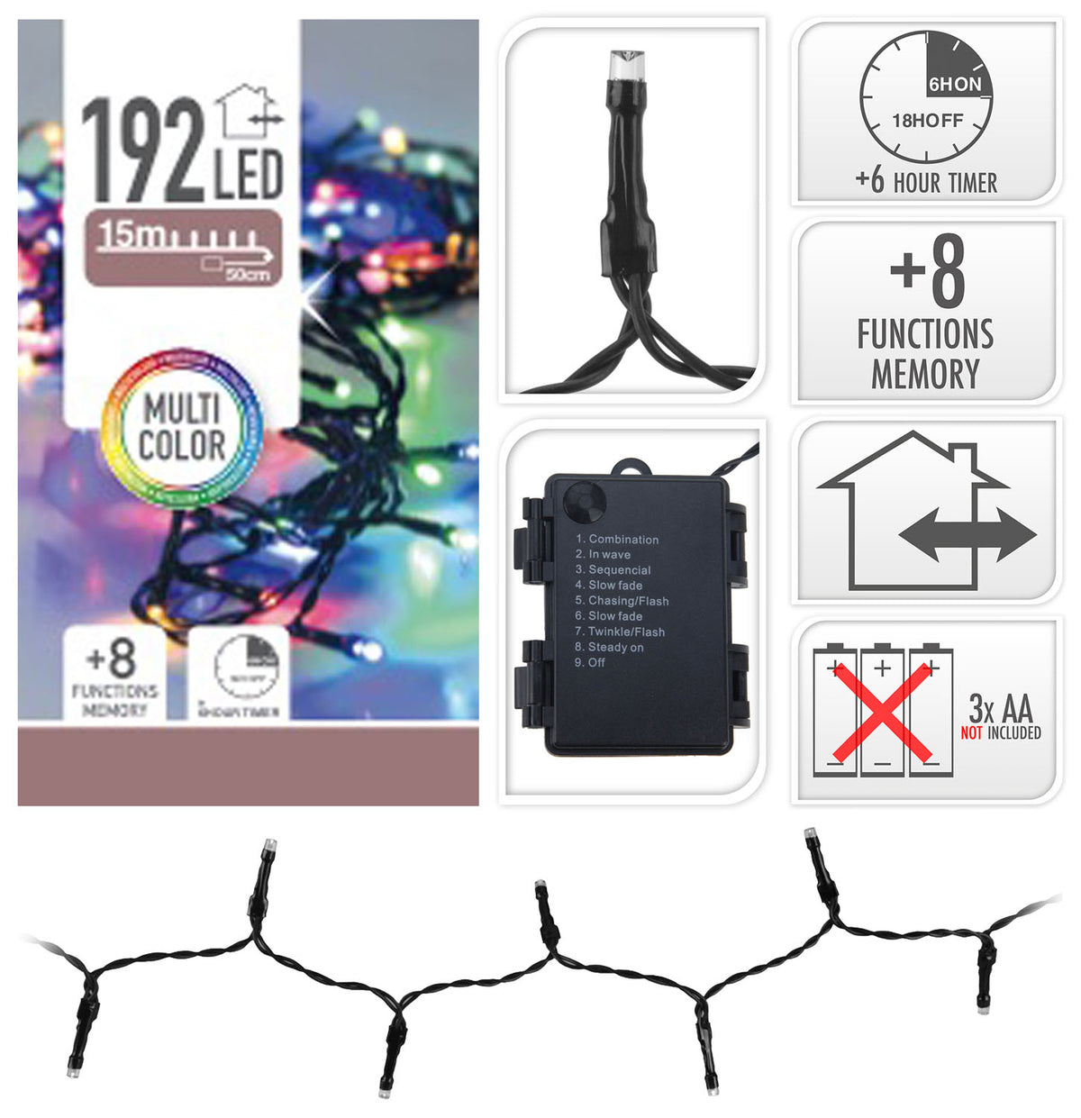 LUCI DI NATALE 192 LED COLORE MULTICOLOR A BATTERIA CON TIMER 8 GIOCHI DI LUCE