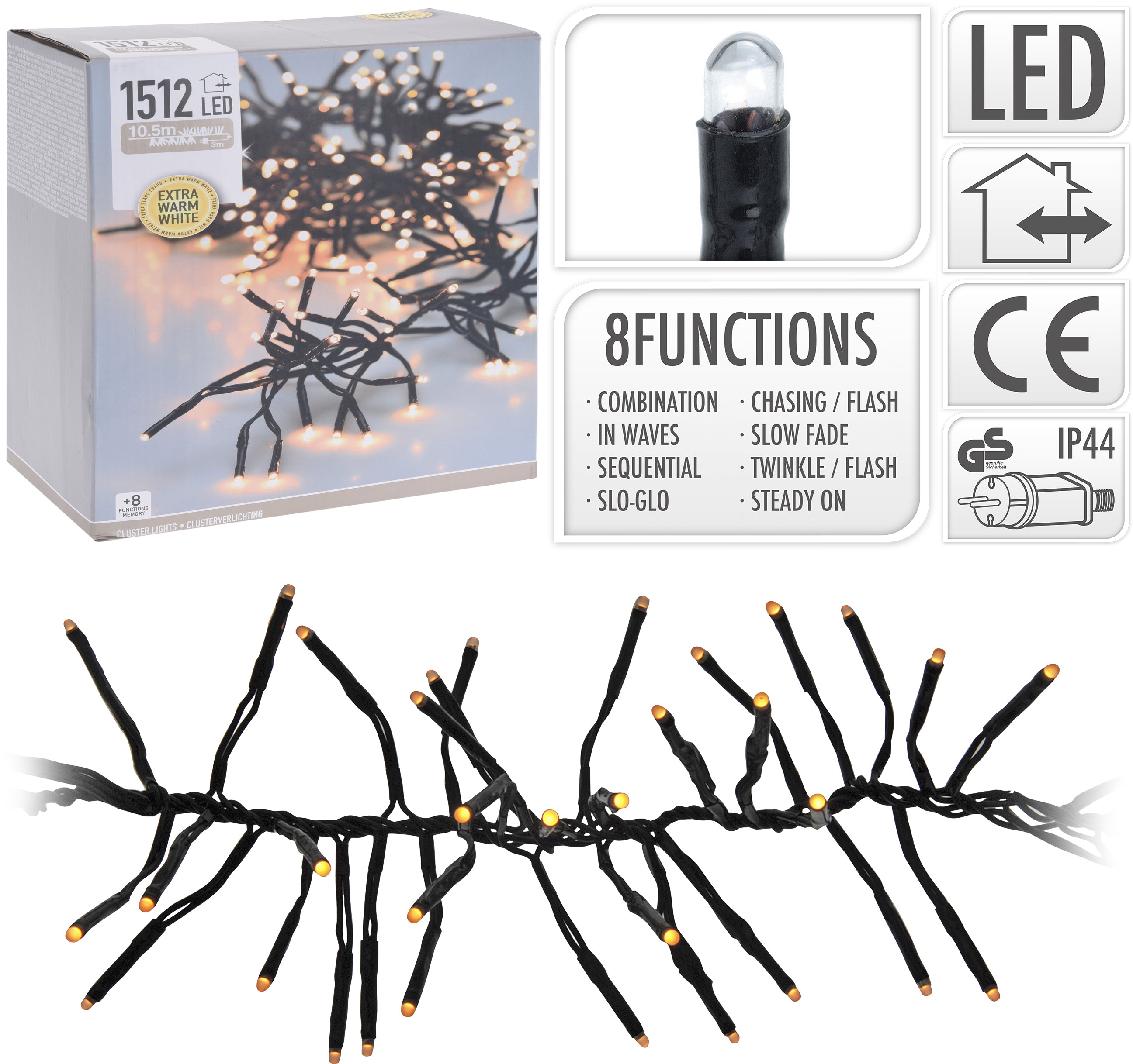 LUCI NATALE GHIRLANDA 1512 LED EXTRA BIANCO CALDO CON GIOCHI DI LUCE