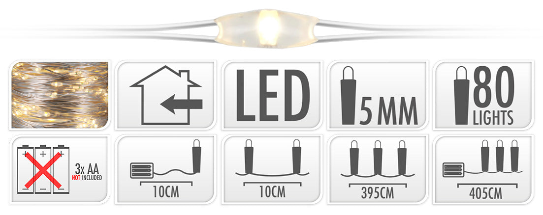 80 MICROLED LINEARI LUCI BIANCO CALDO A BATTERIA