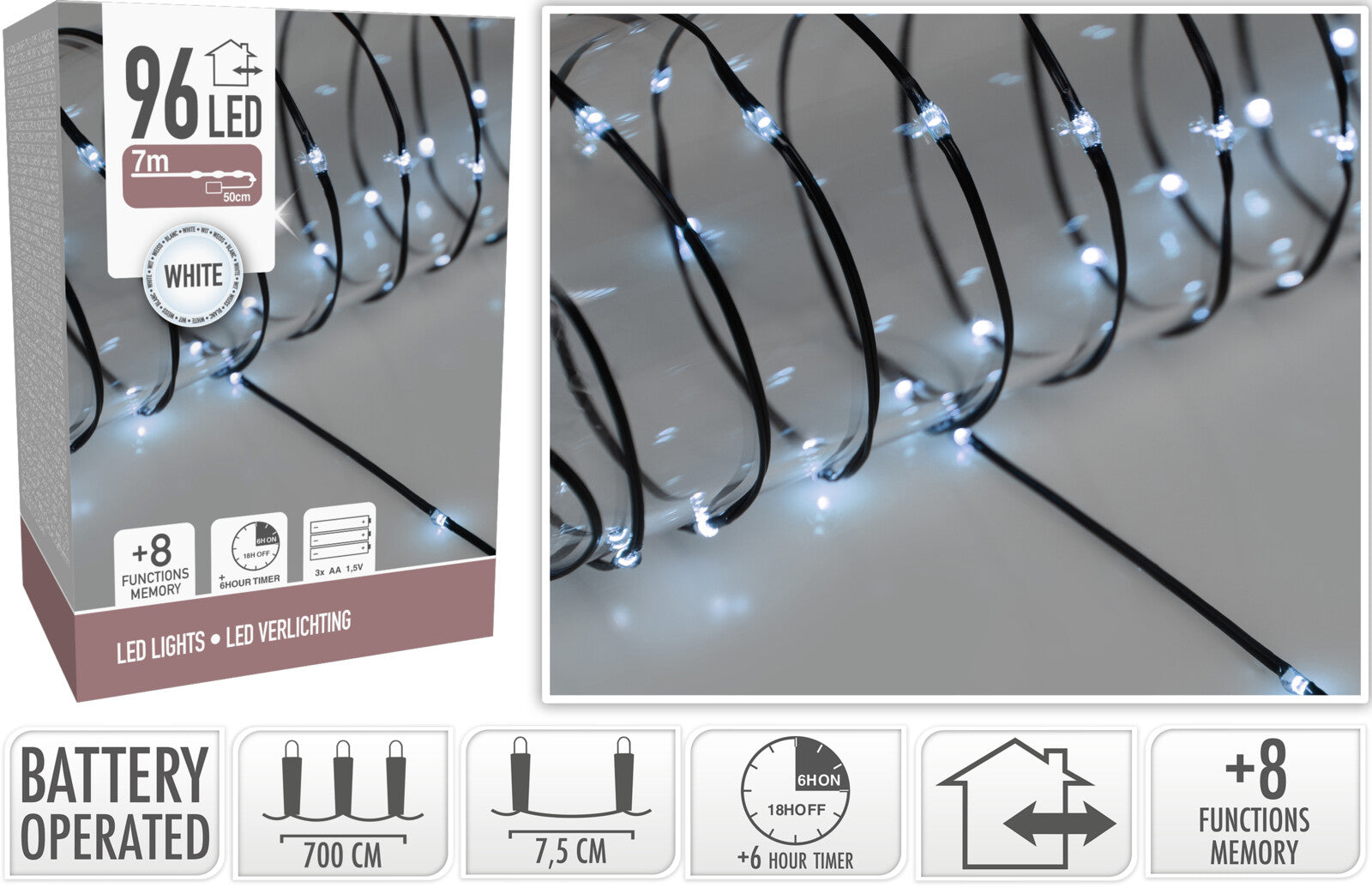 LUCI 96 MICRO LED BIANCO GHIACCIO 8 FUNZIONI 7 MT