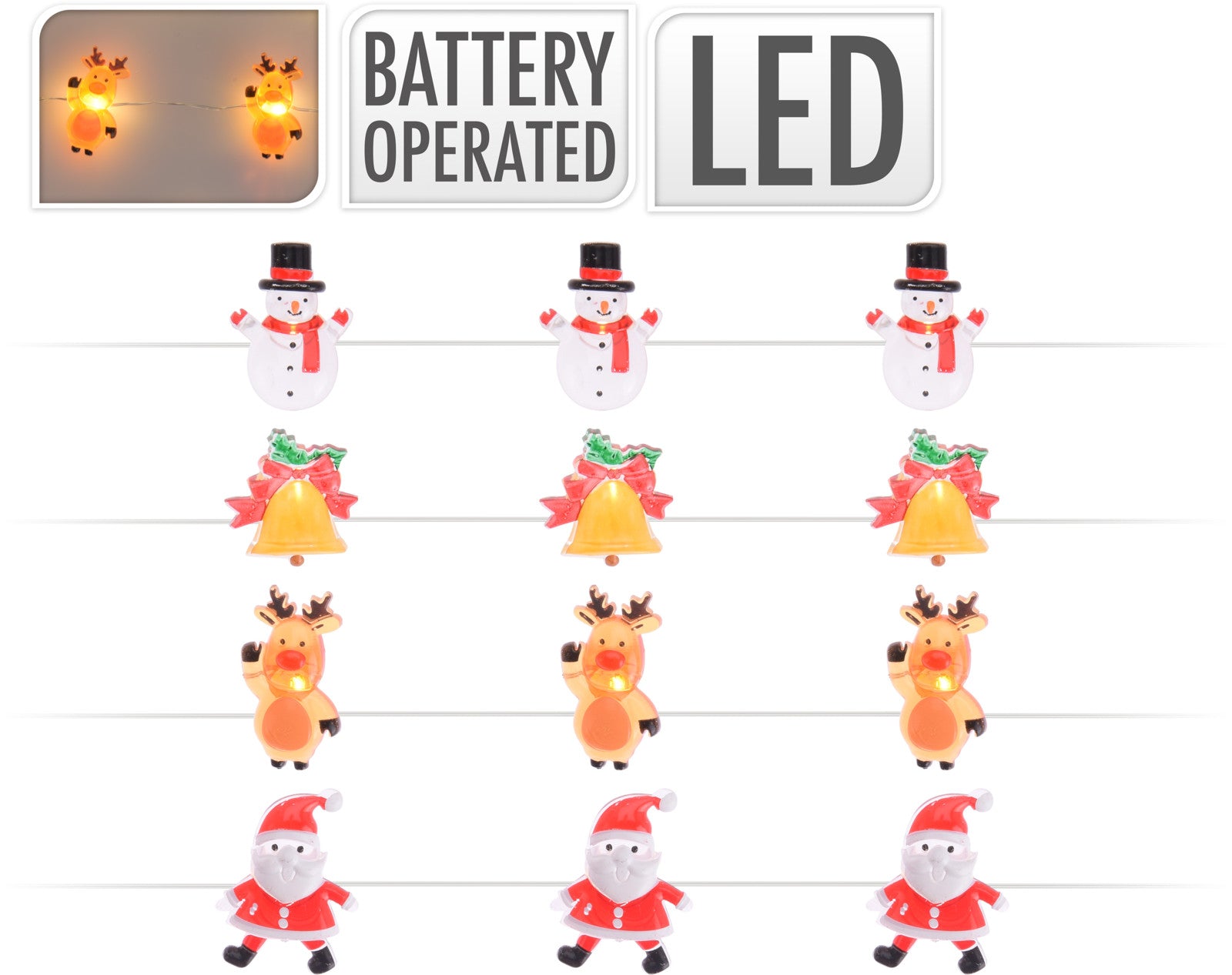 40 LED LINEARI CON CAMPANELLE/PUPAZZO/RENNA O BABBO NATALE ASSORTITI