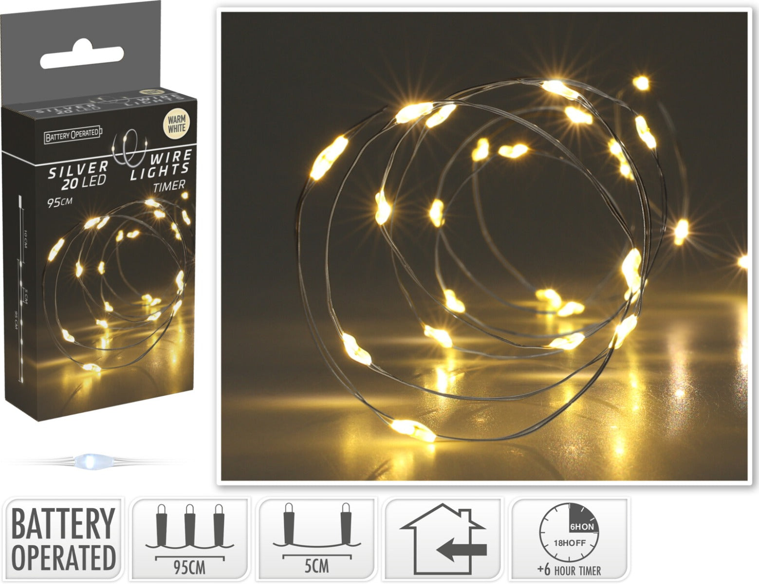 LUCI DI NATALE LED, 95CM, 20 LED, BIANCO CALDO