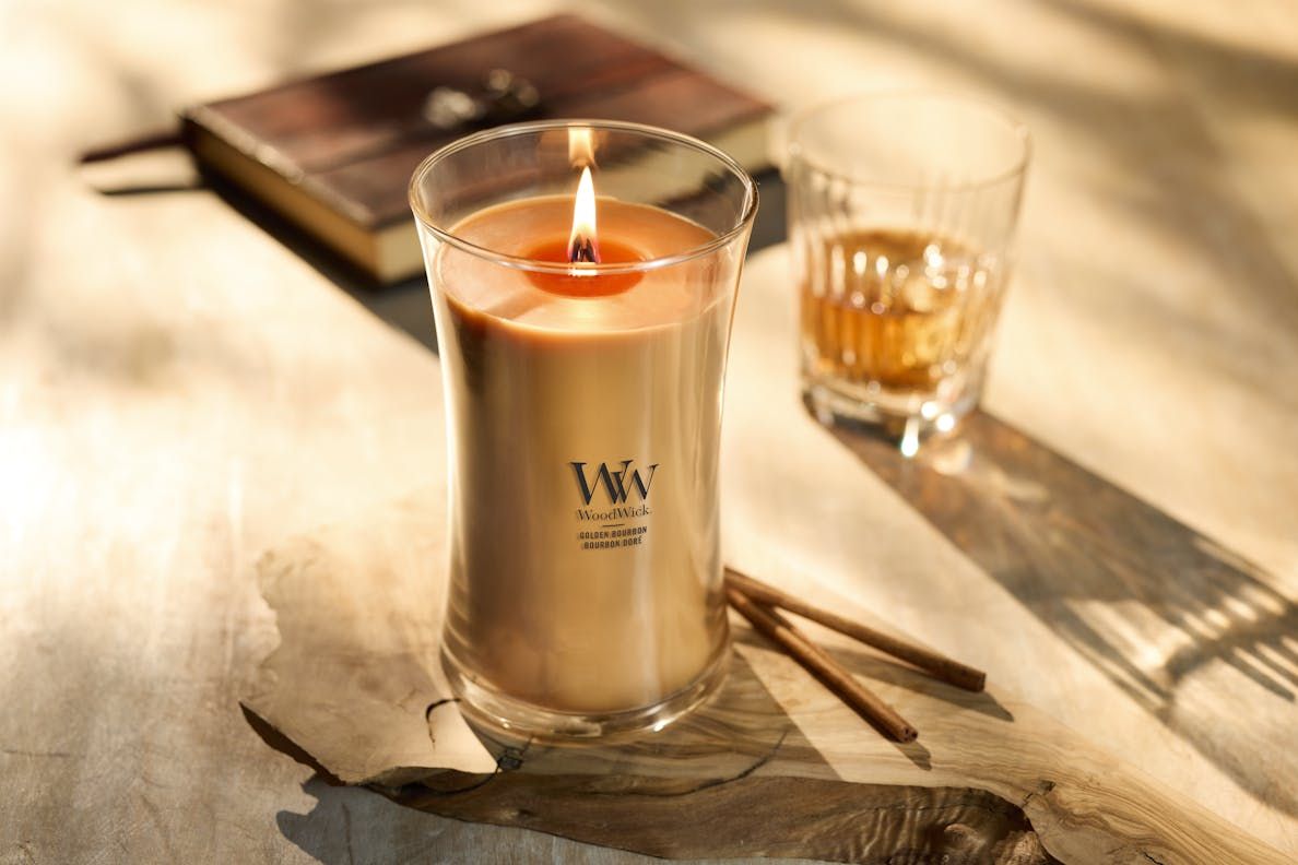 WOODWICK Candela a clessidra Grande Golden Bourbon