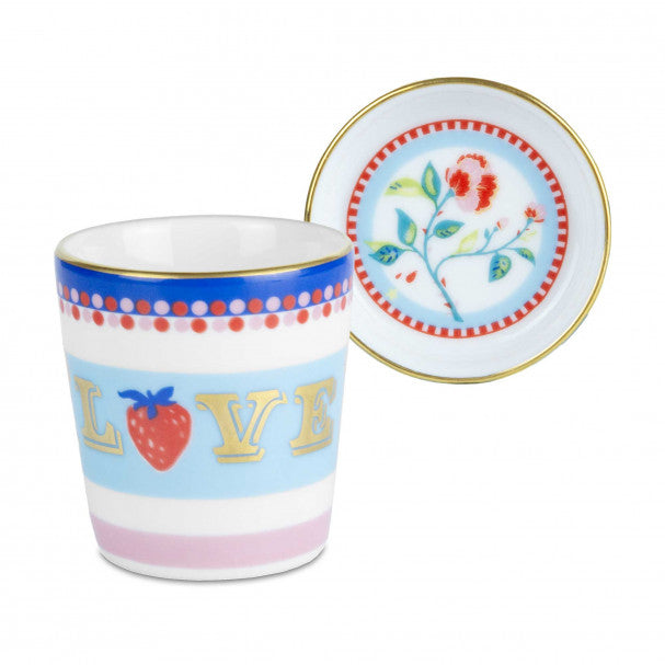 TAZZINA ESPRESSO CON PIATTINO/COPERCHIO, IN PORCELLANA, SCRITTA LOVE, MAMMA MIA