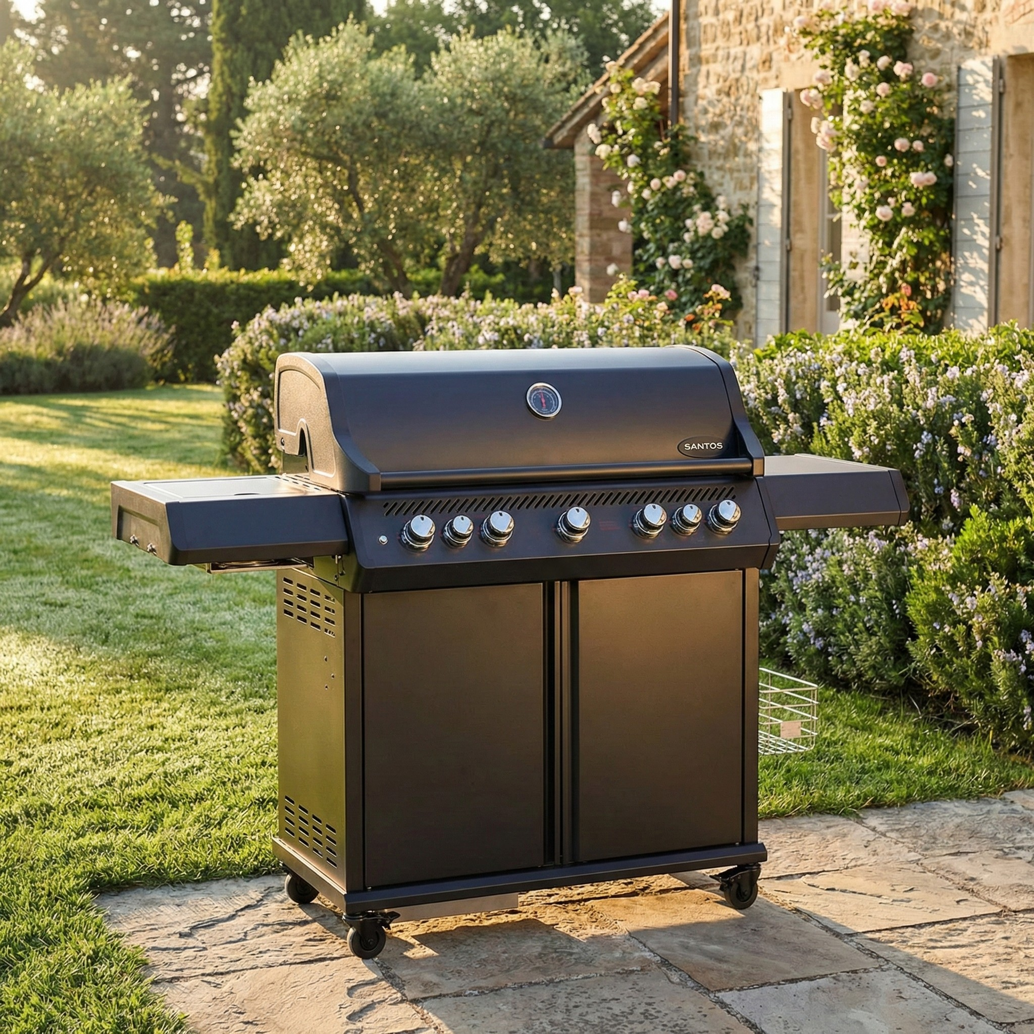 Barbecue a Gas Professionale con Carrello e Girarrosto 173x119x64 cm Nero Opaco SANTOS S-518 Pro Black Matte