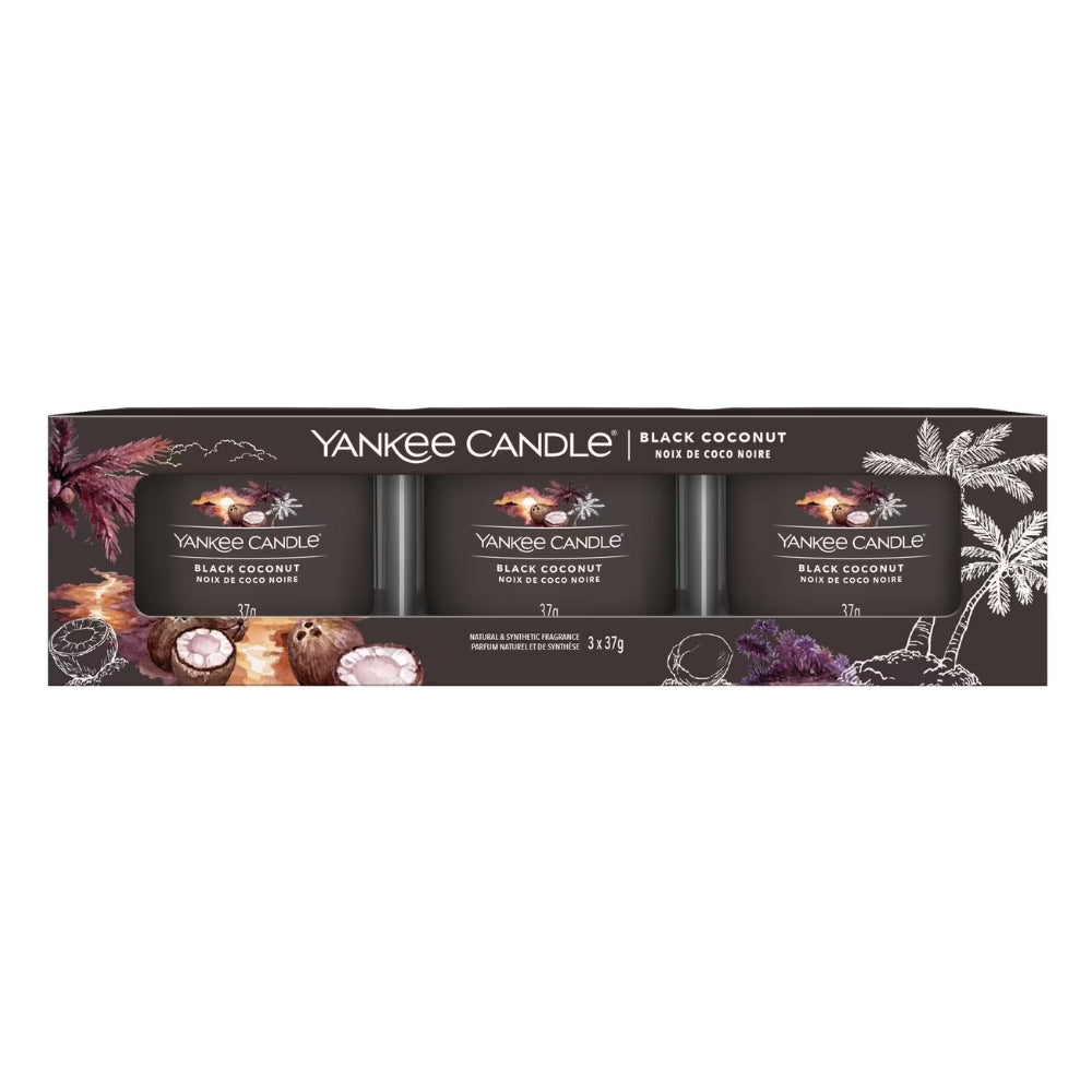3 CANDELE PROFUMATE VOTIVE IN VETRO BLACK COCONUT