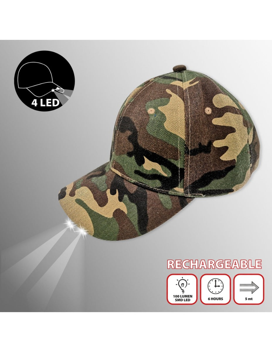 BATCAP: CAPPELLINO DA BASEBALL CON LUCE LED RICARICABILE. VERDE CAMOUFLAGE MILITARE