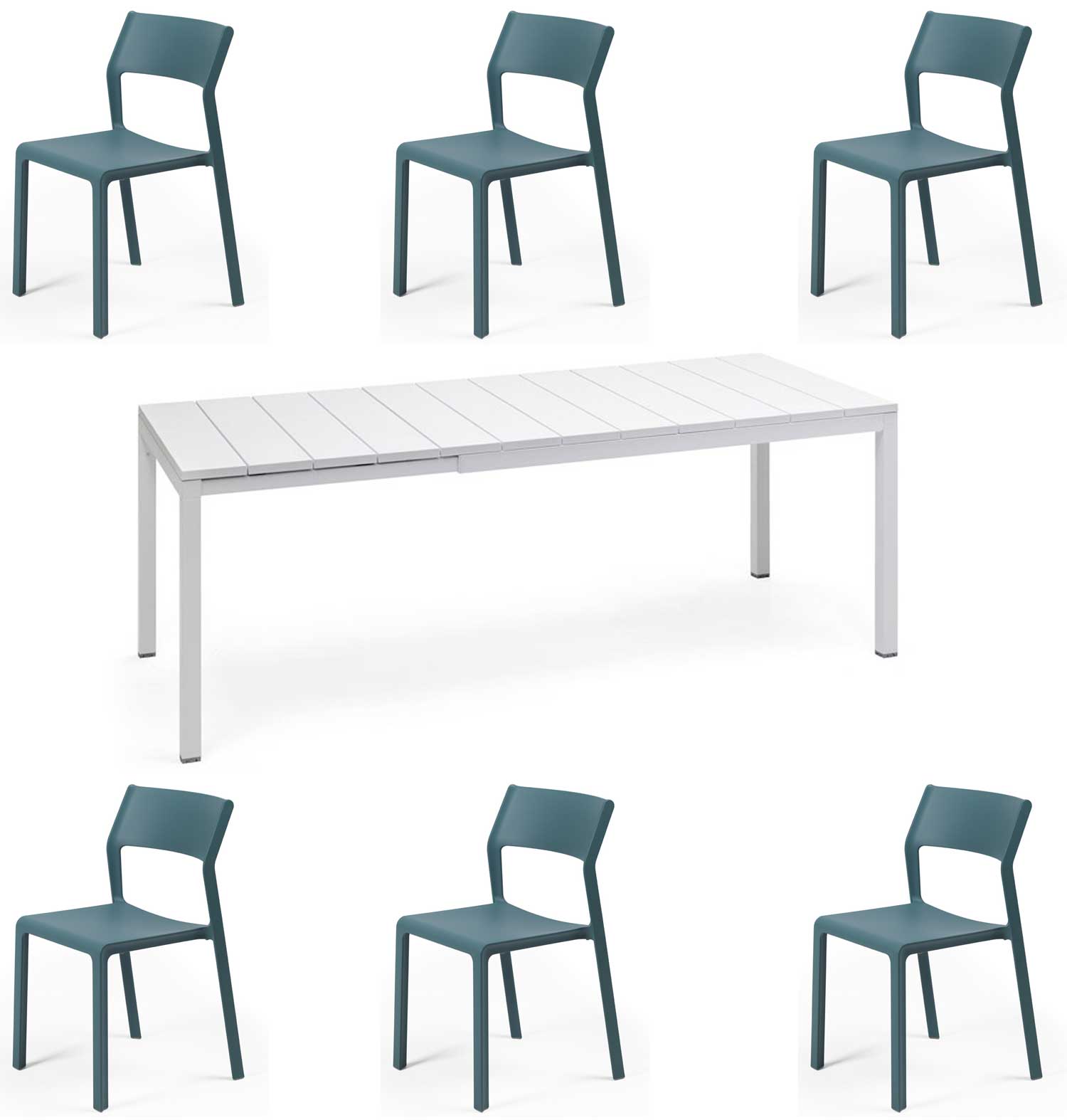 OFFERTA TAVOLO RIO 140/210 CON 6 SEDIE TRILL BISTROT BIANCO/BLU OTTANIO
