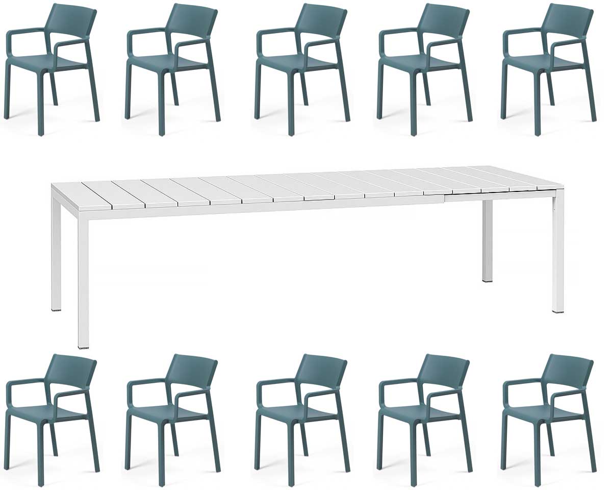 OFFERTA TAVOLO RIO 210/280 CON 10 POLTRONE TRILL BIANCO/BLU OTTANIO