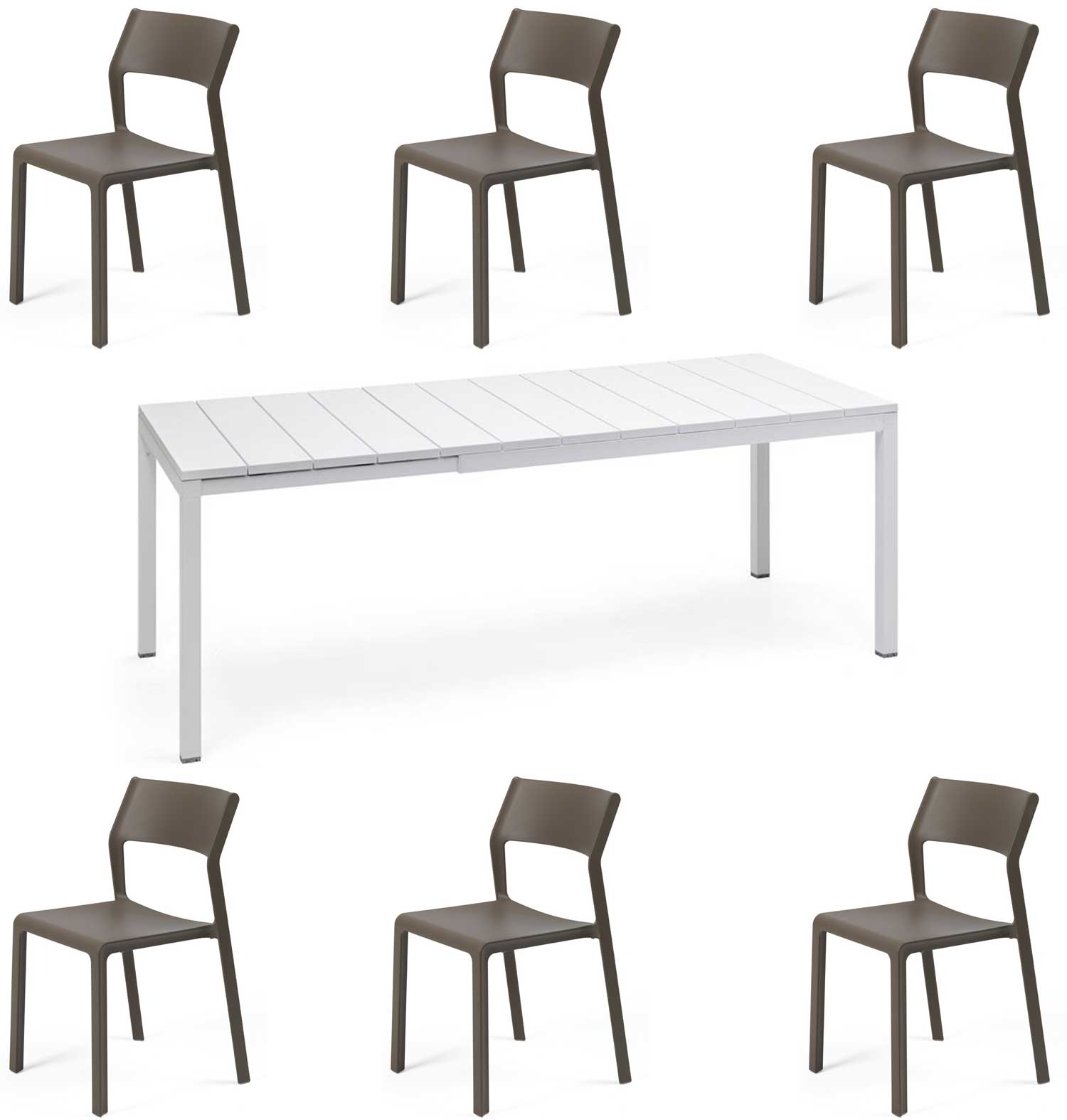 OFFERTA TAVOLO RIO 140/210 CON 6 SEDIE TRILL BISTROT BIANCO/MARRONE TABACCO