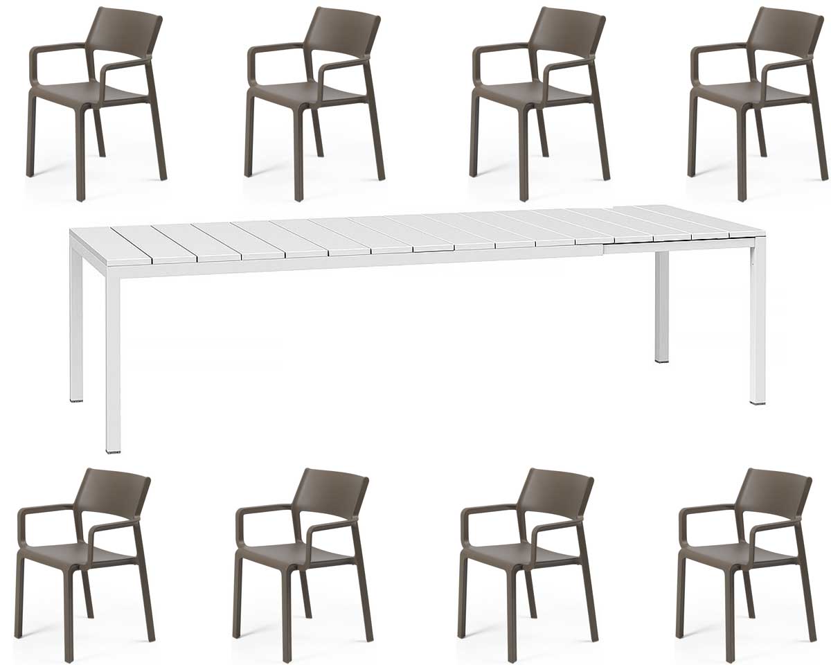 OFFERTA TAVOLO RIO 210/280 CON 8 POLTRONE TRILL BIANCO/MARRONE TABACCO