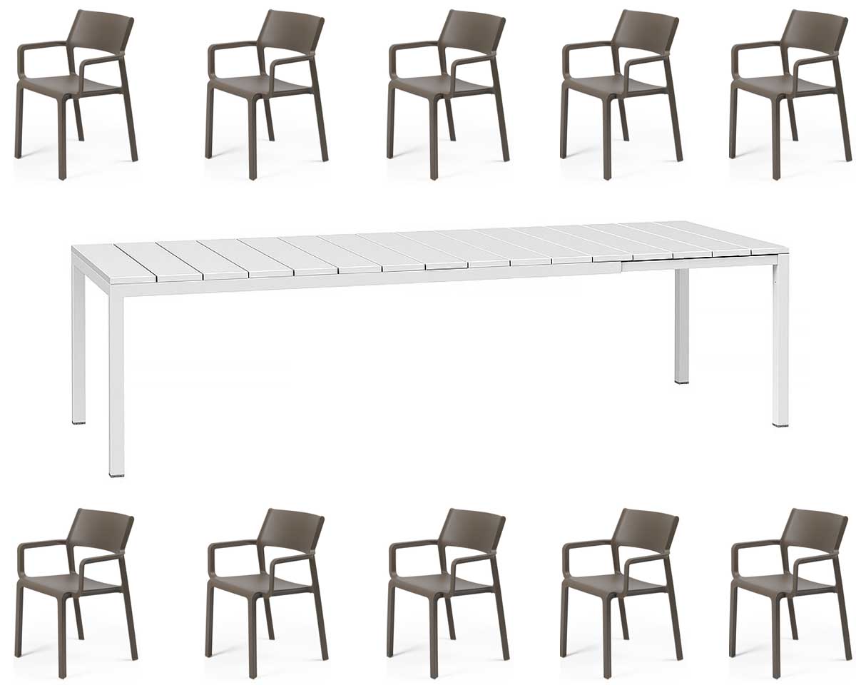 OFFERTA TAVOLO RIO 210/280 CON 10 POLTRONE TRILL BIANCO/MARRONE TABACCO