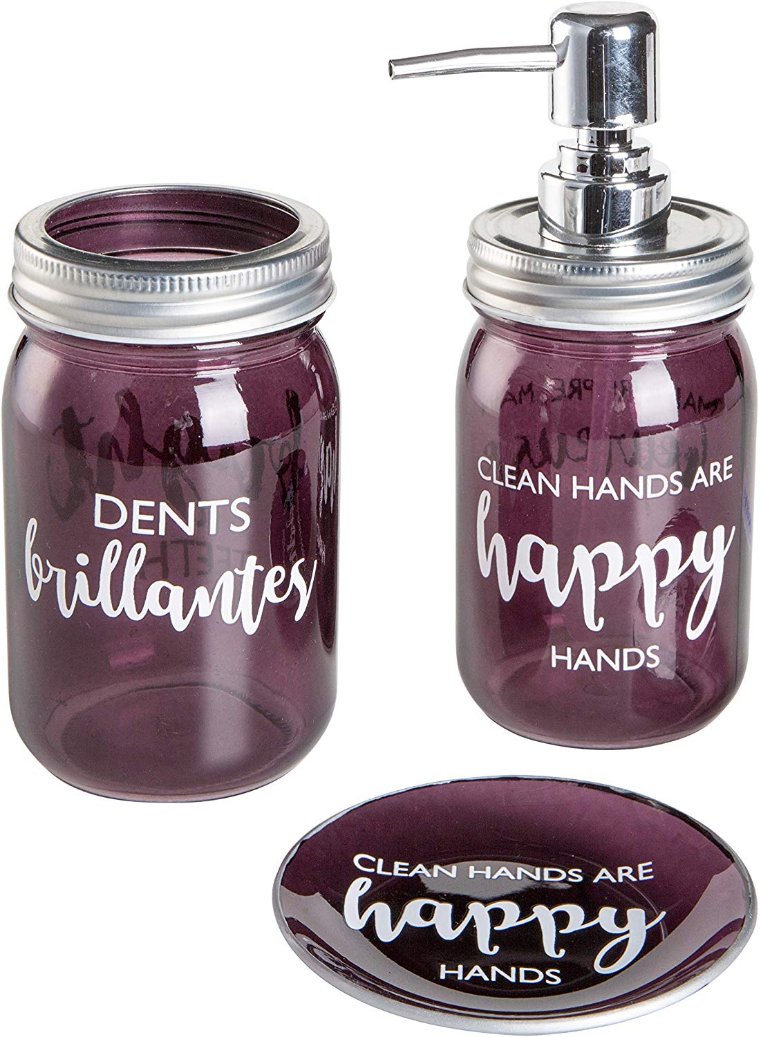 SET BAGNO 3 PEZZI IN VETRO BORDEAUX CON SCRITTE BIANCHE E DETTAGLI CROMATI