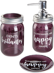 SET BAGNO 3 PEZZI IN VETRO BORDEAUX CON SCRITTE BIANCHE E DETTAGLI CROMATI