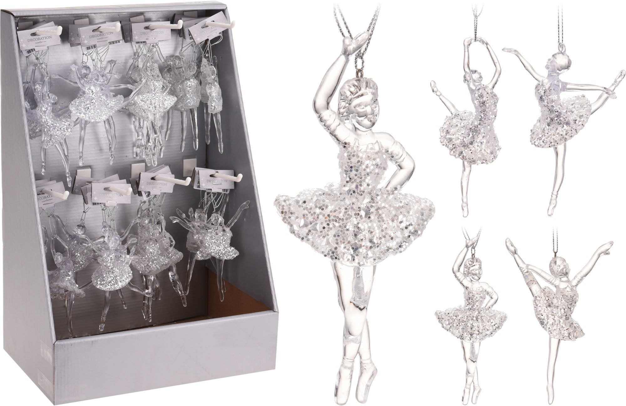 OFFERTA 4 BALLERINE APPENDIBILI 14CM TRASPARENTI CON GLITTER ARGENTO ASSORTITE